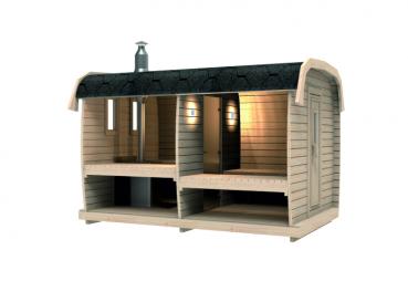 Preview: Holzsauna Fass Sauna Garten 46mm Fasssauna mit Schindeln 4-6 Personen